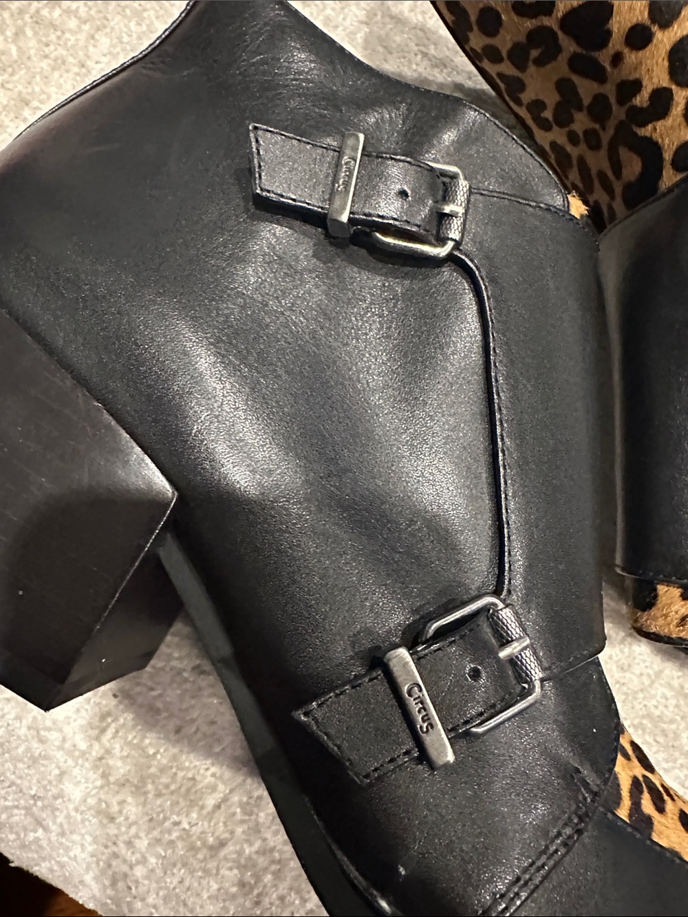 Circus by Sam Edelman Black Leather Ankle Boots with Leopard Print Panels - Picture 3 of 12